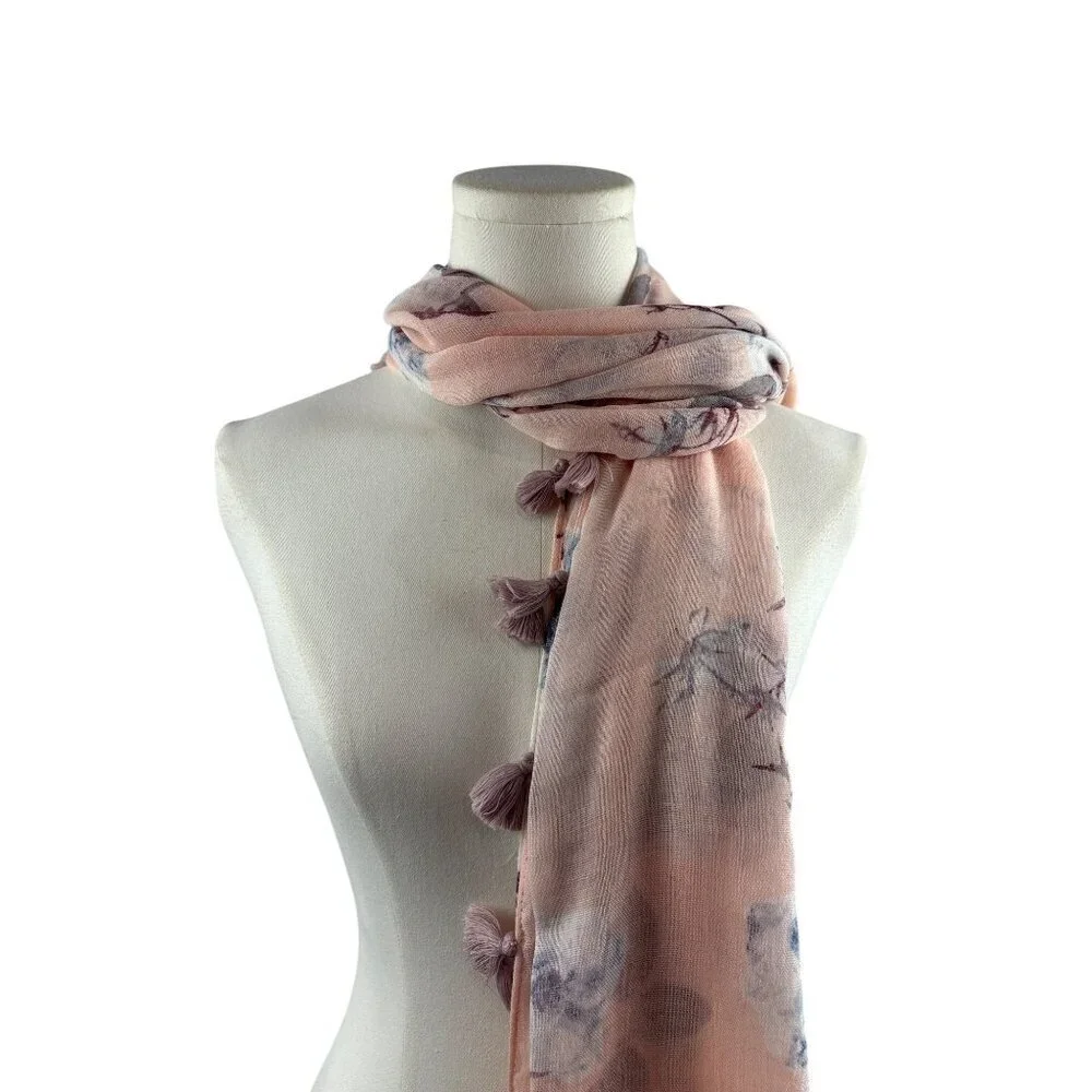 Hinge Floral Tassel Scarf Shawl Wrap Lightweight Pink & Blue Elegant Womens Acce